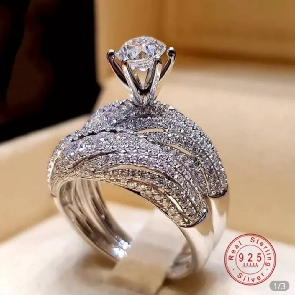 NEW STERLING SILVER CZ ENGAGEMENT BAND RING SET